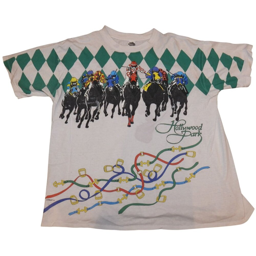 Vintage 1993 Hollywood Park Horse Racing Silks Equestrian AOP T-Shirt XL